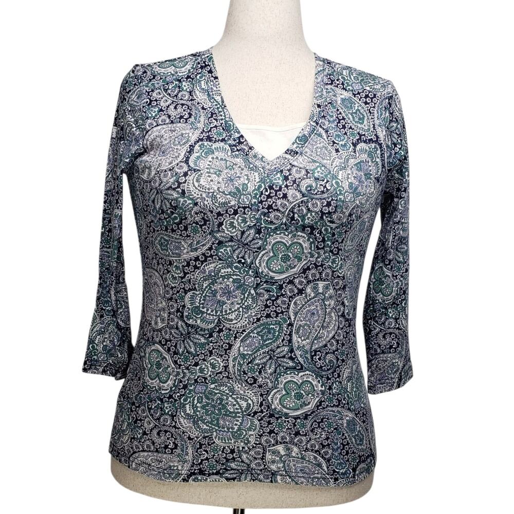 Basic Editions Paisley Top Women S Blue Floral V-Neck 3/4 Sleeve Y2K Boho VTG